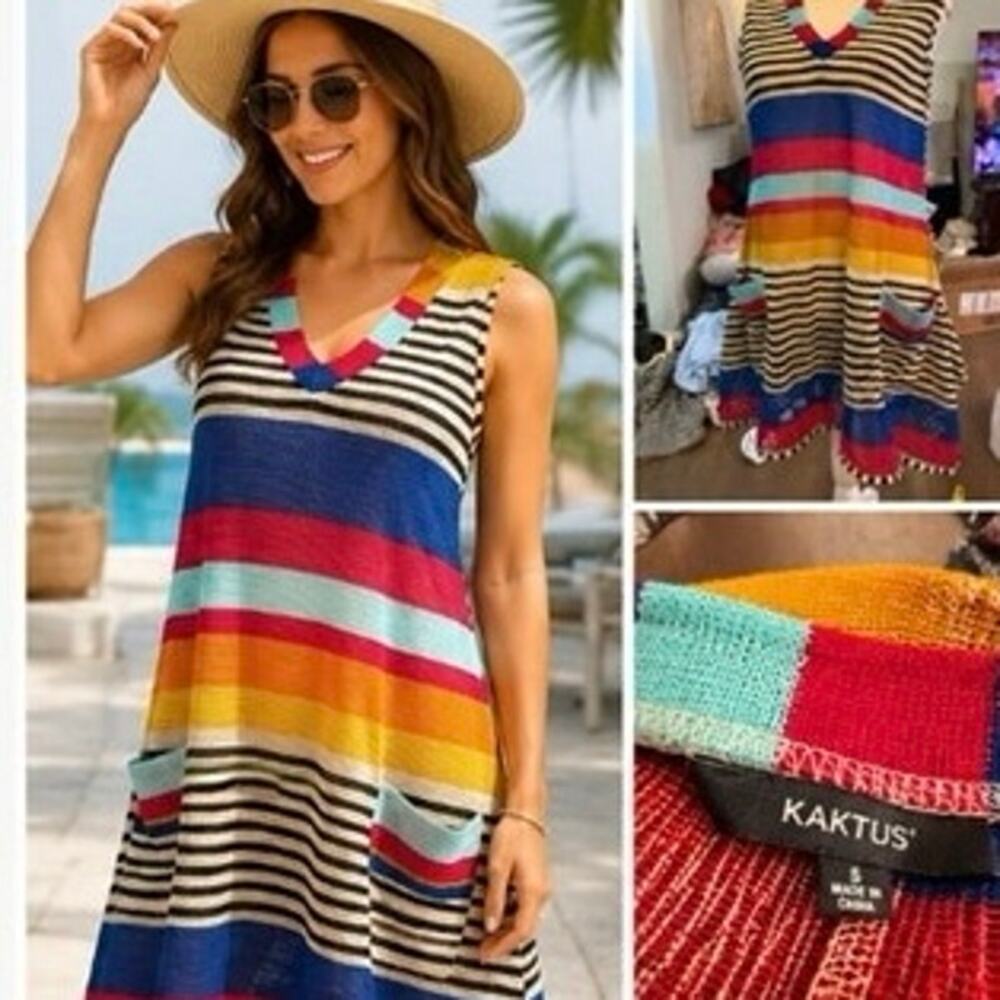 KAKTUS Women's S Swimsuit Cover Up Colorful Striped Tunic Netting Pockets Beach